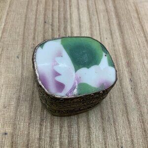 Trinket Box Vintage Silver Plated Porcelain Floral Bird